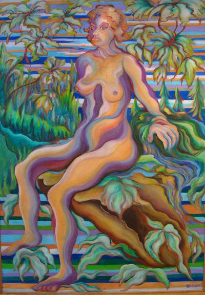 Nude in Nature, oil painting by artist Breda Voss, oil on canvas, 5' x 4'